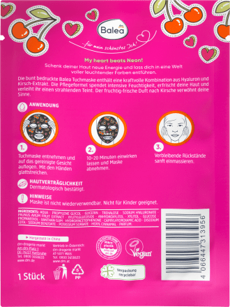 Balea, sheet mask printed neon with cherry extract, 1 piece